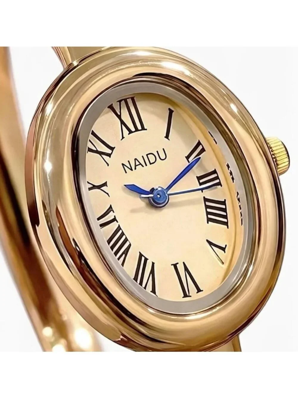 Women's Gold Bangle Bracelet Oval Dial Roman Numeral Elegant Style Wrist Watch